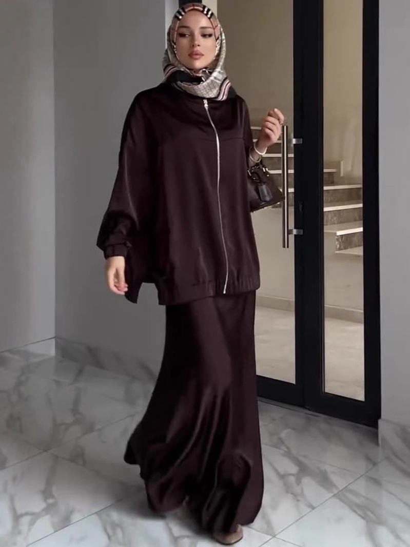 Muslim Dress Satin 2 Piece Set - Jalabiya Women Arabic 评论和价格