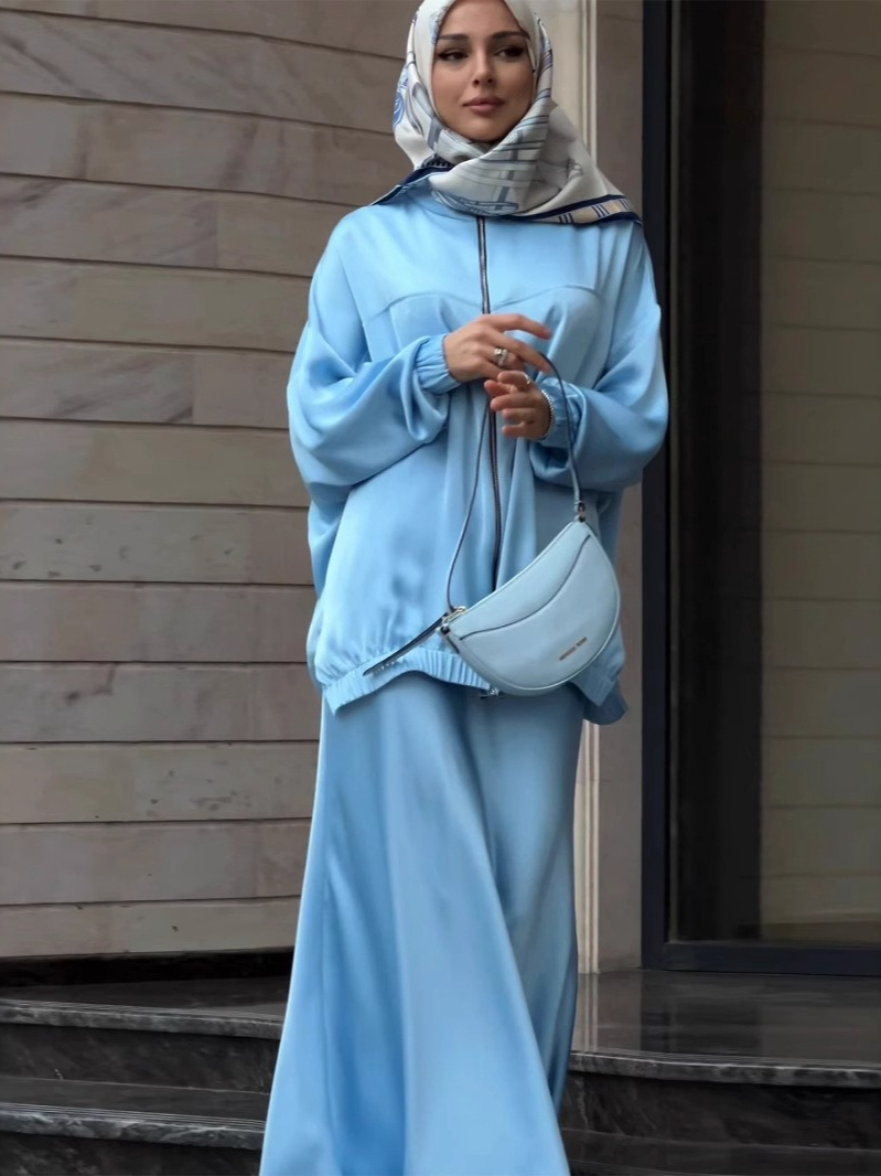 Muslim Dress Satin 2 Piece Set - Jalabiya Women Arabic 评论和价格